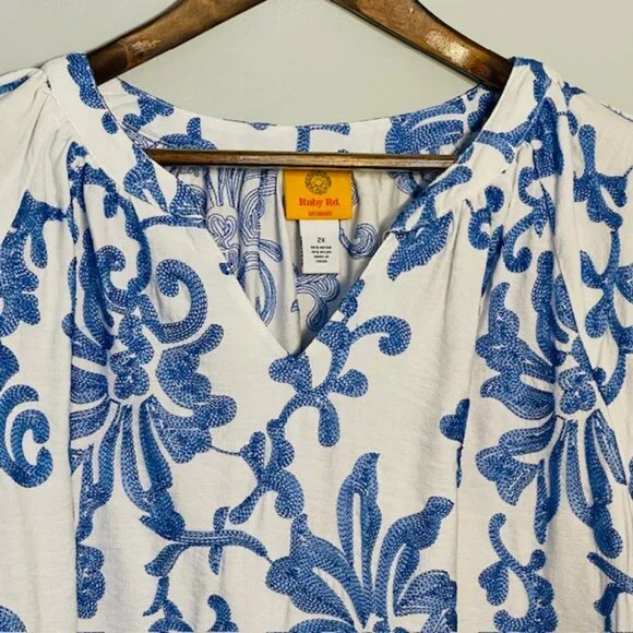 Ruby Rd. Embroidered Blouse Blue & White Chinoiserie Style Casual Dressy Plus 2X - Picture 6 of 11
